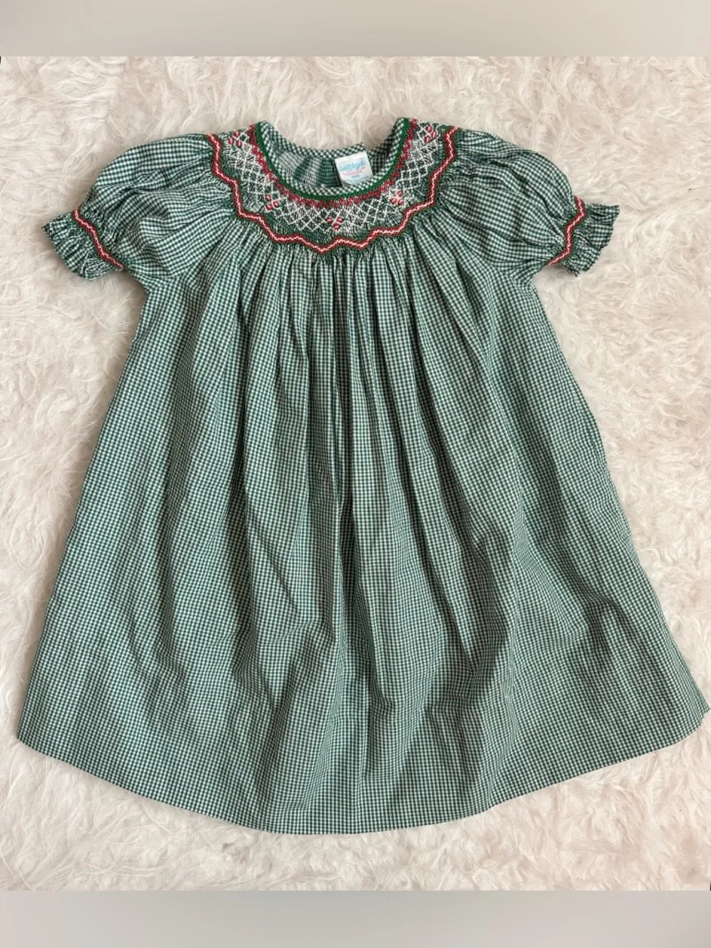 Vintage Baby Girl Smocked Green Gingham Girls' Festive Dress